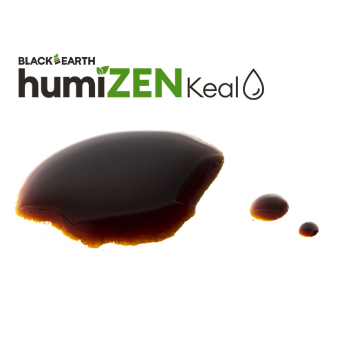 Black Earth humiZEN Keal liquid fulvic acid product image with dark liquid droplets