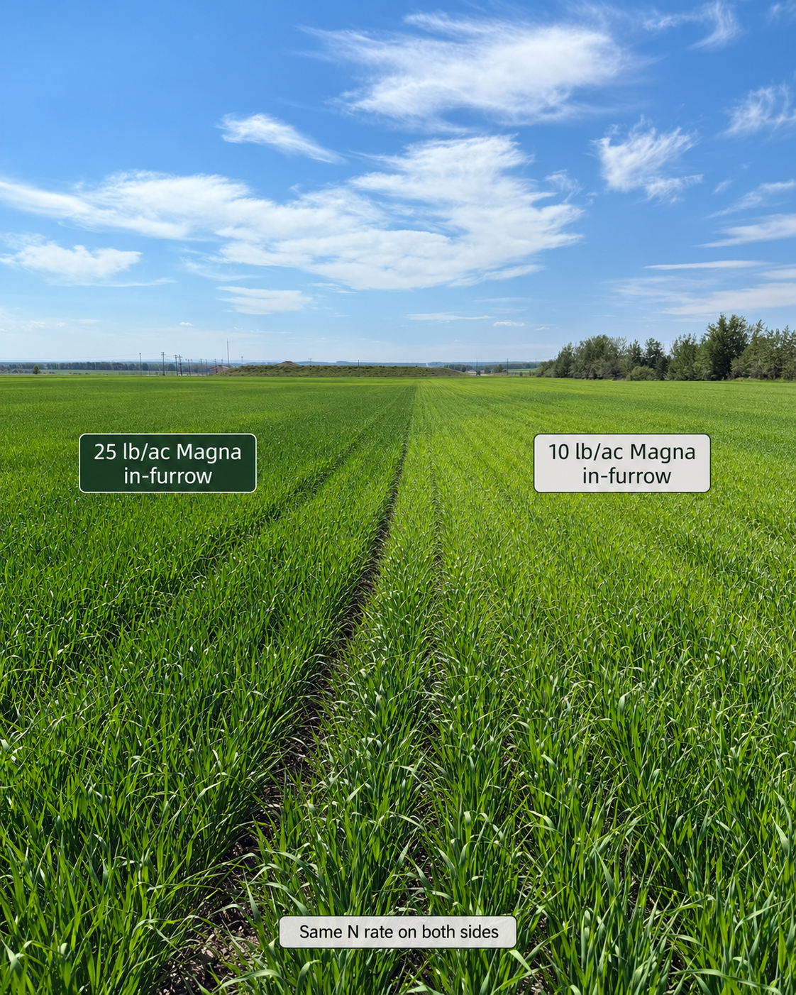 Barley with 25 lb/ac Magna left and 10 lb/ac Magna right; equal nitrogen fertility